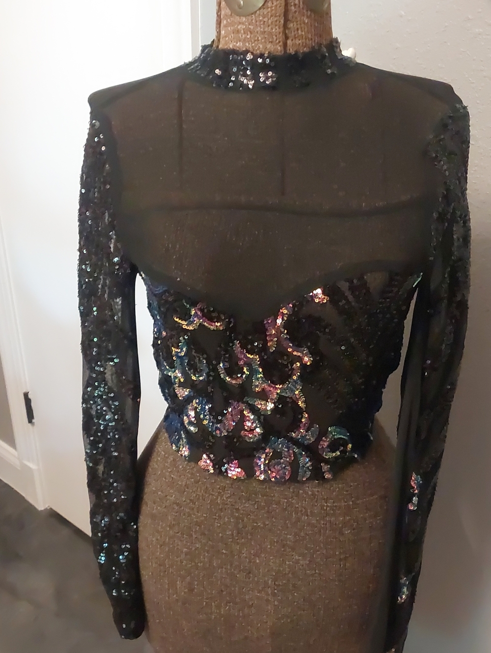 Black Sheer Long-Sleeve Sequin Embellished Crop Top